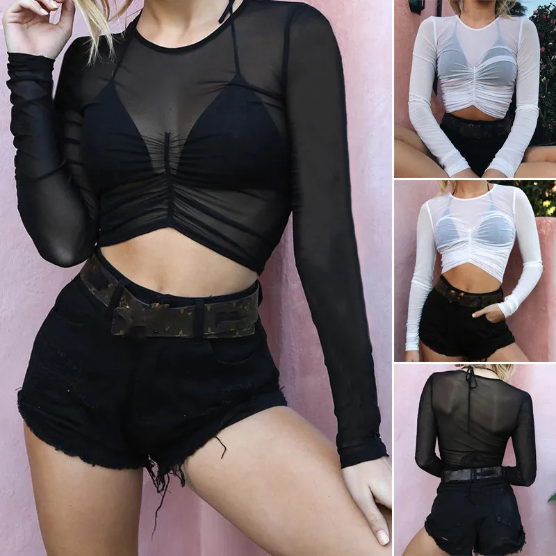 2019 для женщин укороченный Топ с длинным рукавом Дамы See Through сетки ажурные Клубная