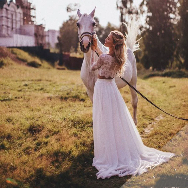 Eightale 2 шт. Свадебные платья с круглым вырезом кружево с длинным рукавом Boho невесты платье свадебное платье для принцессы robe de mariee