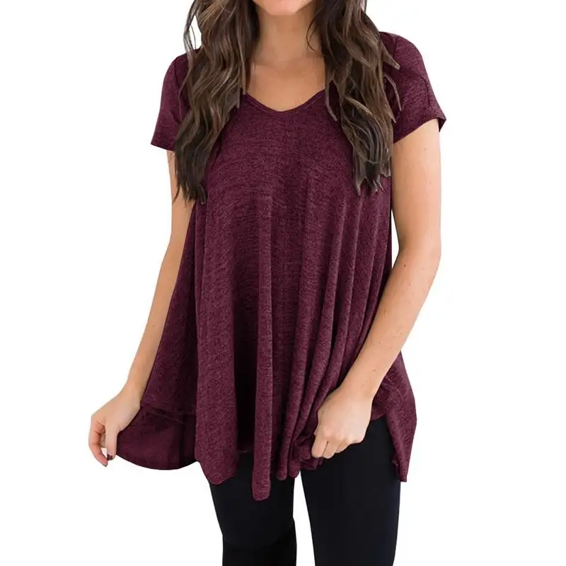 2018 New Summer Europe and America Casual Women Solid Color V-Neck Irregular T-Shirts Female Short Sleeve Pullover Tees | Женская одежда