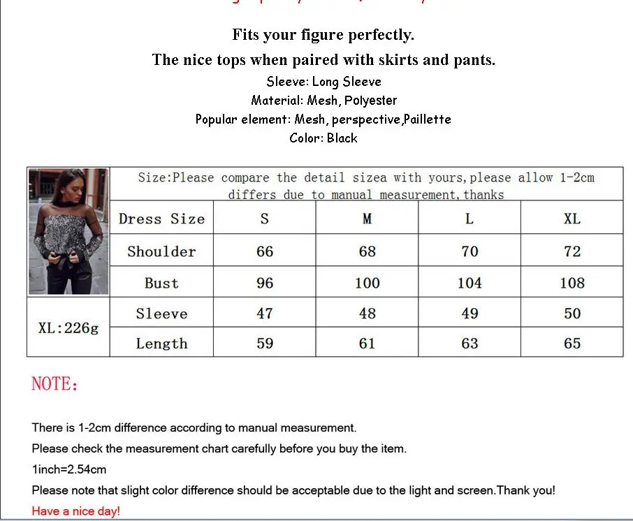 Fashion Sexy Women Gauze Mesh See Through Long Sleeve Paillette Bottoming Shirt | Женская одежда