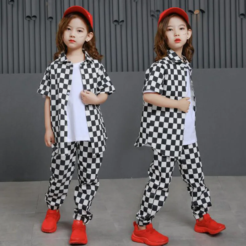 

Kids Hip Hop Clothing Casual Plaid Tshirt Jogger Pants Girls Boys Jazz Dance Costumes Ballroom Dancing Clothes Wear Outfits Suit