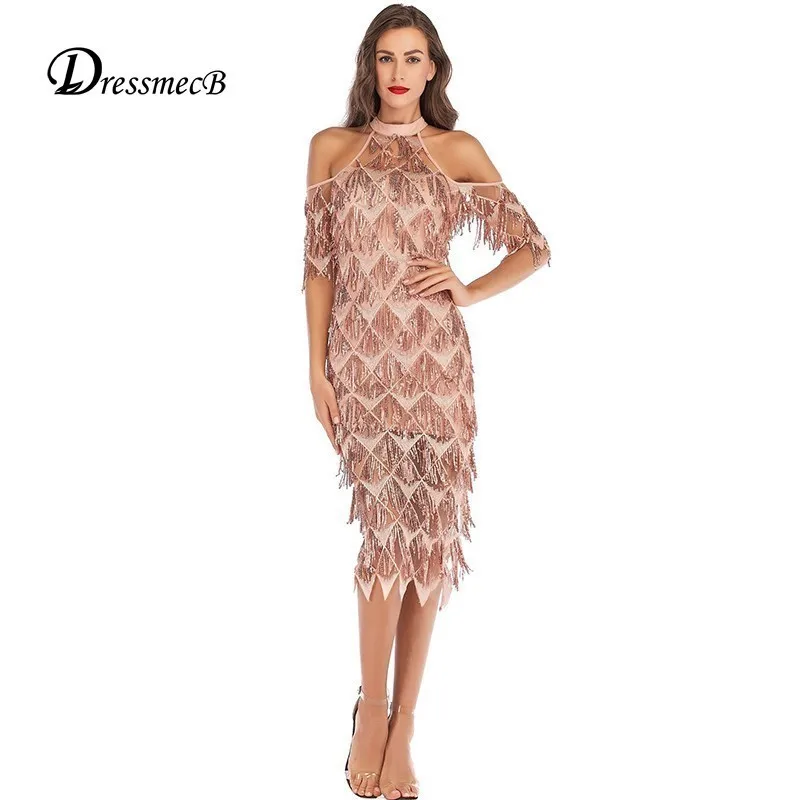 DRESSMECB 2018 осенние вечерние платья элегантные миди с блестками и кисточками