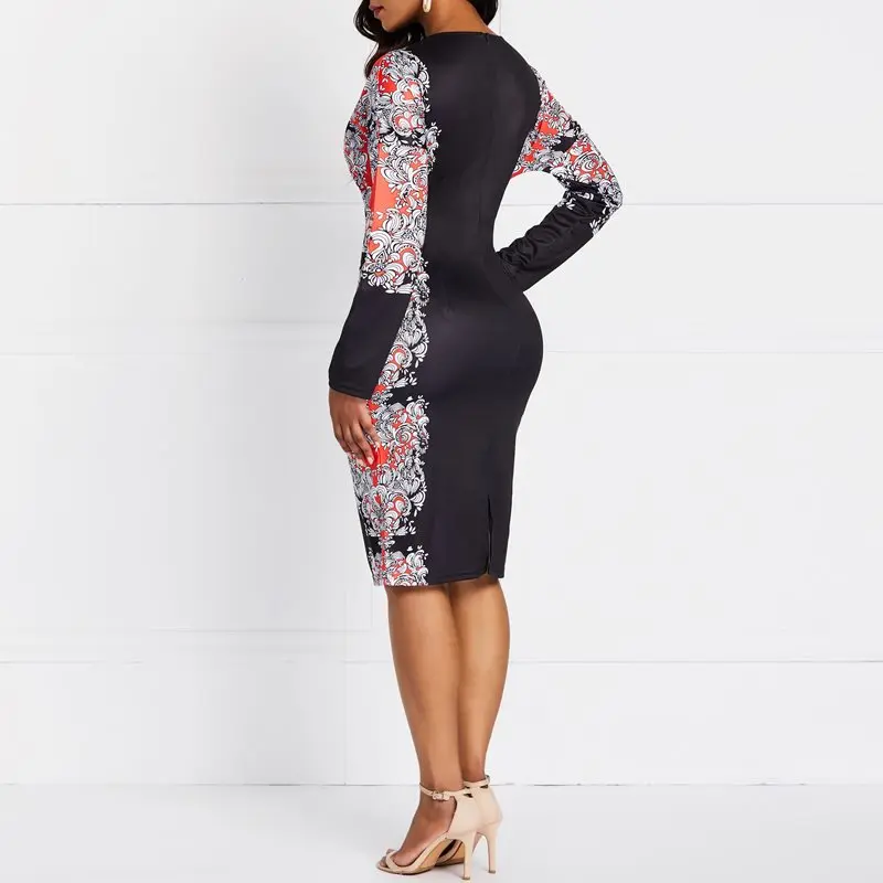 Модное облегающее платье с цветочным принтом женское черное сексуальное