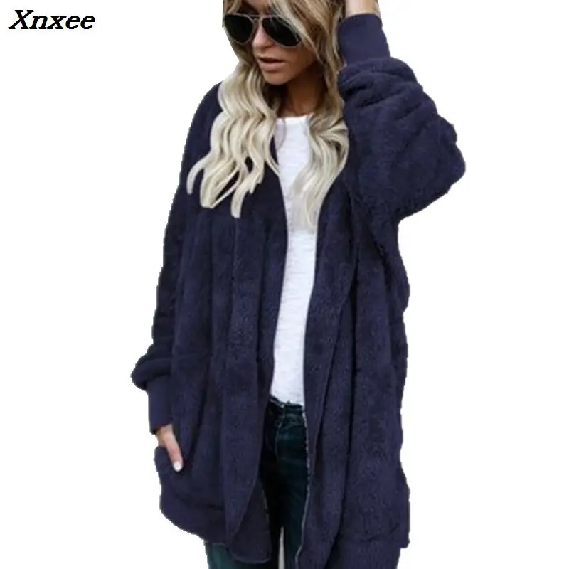 New Fashion Spring Faux Fur Warm winter coats on both sides Jacket Women Open Stitch Hooded Coat Female Long Sleeve Fuzzy | Женская