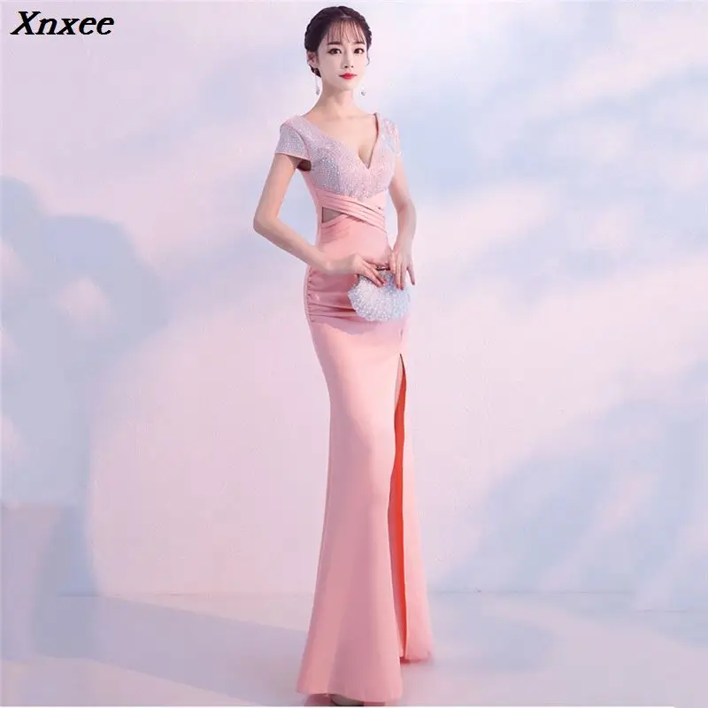Xnxee Elegant Deep V Sequines Short Sleeve Waist Cross Long Mermaid Sexy Slit Formal Evening Party Dress Plus Size | Женская одежда