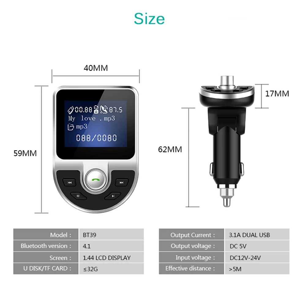 

Bluetooth FM Transmitter Car MP3 Player 3.1A USB Charger Support TF Card U Disk AUX IN Out EQ Setting Folder