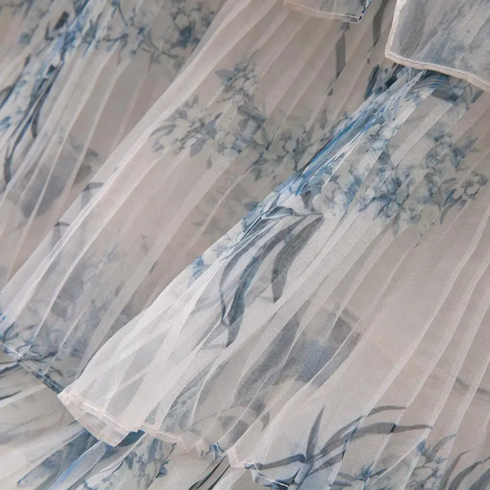 Cake Pleated Skirt Female Ink Blue Halo Printed Multilayer with Eugene Yarn Half-length P9111 | Женская одежда