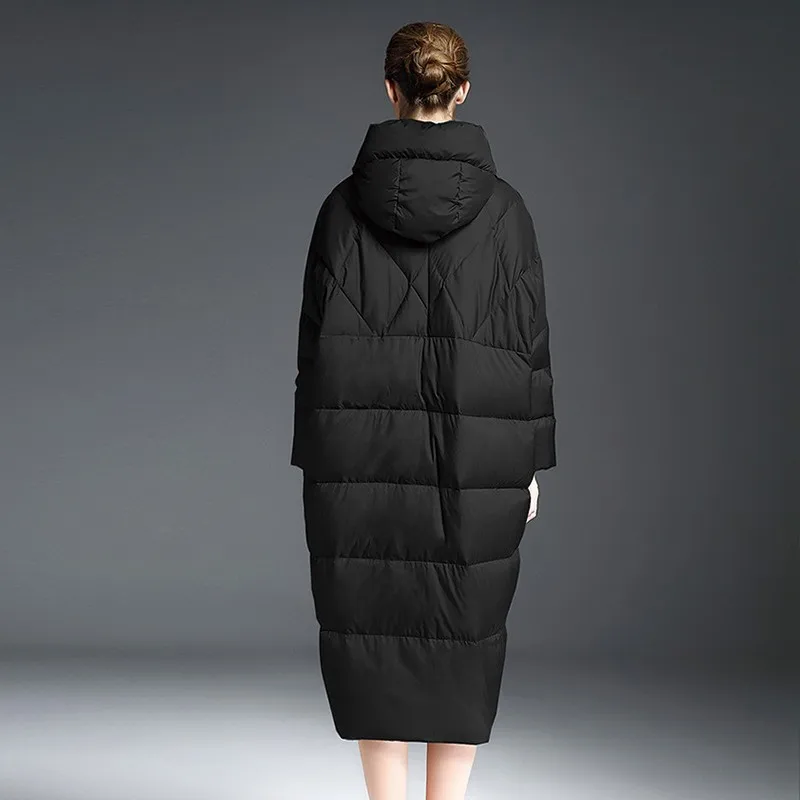 Bat Type Loose Plus Size White Duck Down Jacket Fashion Long Winter Jacket Coat Women Hooded High-end Feather Overcoat Female