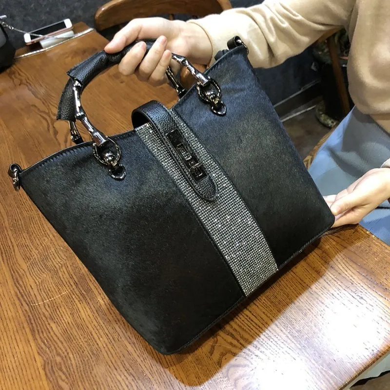 Женская сумка Стразы с конским волосом сумки тоуты из натуральной кожи через