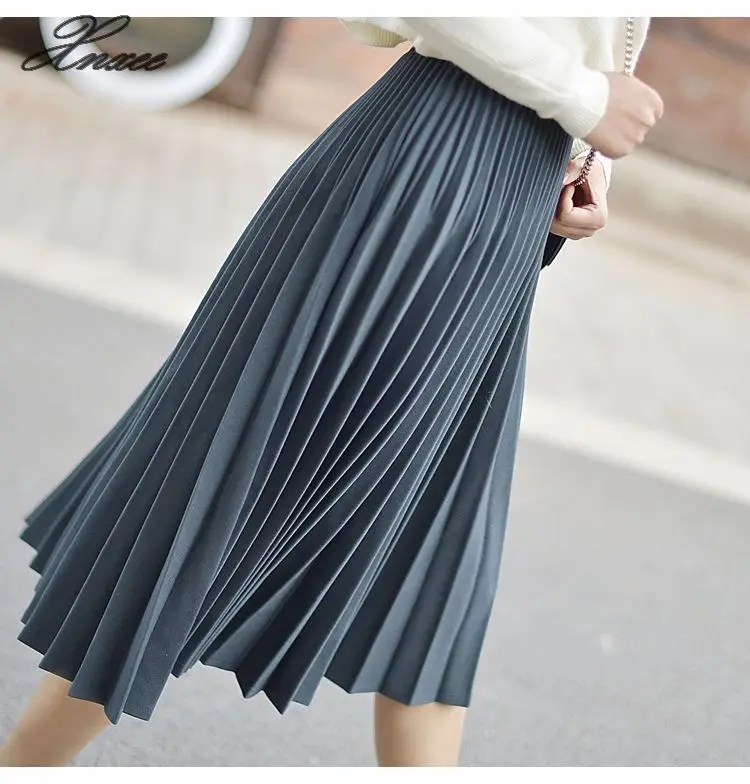 

2020 Spring Women Elegant Pleated Skirt High Waist Women White Long Skirt Female Ladies High Quality Women Midi Skirt Black