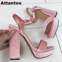 pink suede velvet leather high heel sandals platform open toe female high heel ankle buckle sandals women square heeled shoes