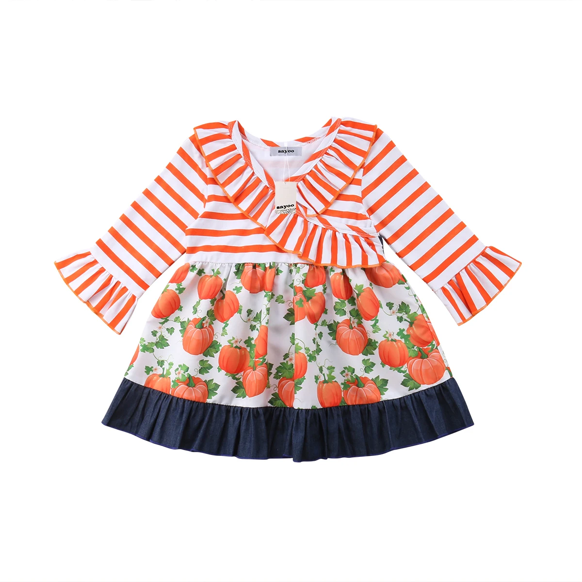 Halloween Kids Girls Pumpkin dress Splicing Dress Baby V collar stripe Dresses 1-5T | Детская одежда и обувь