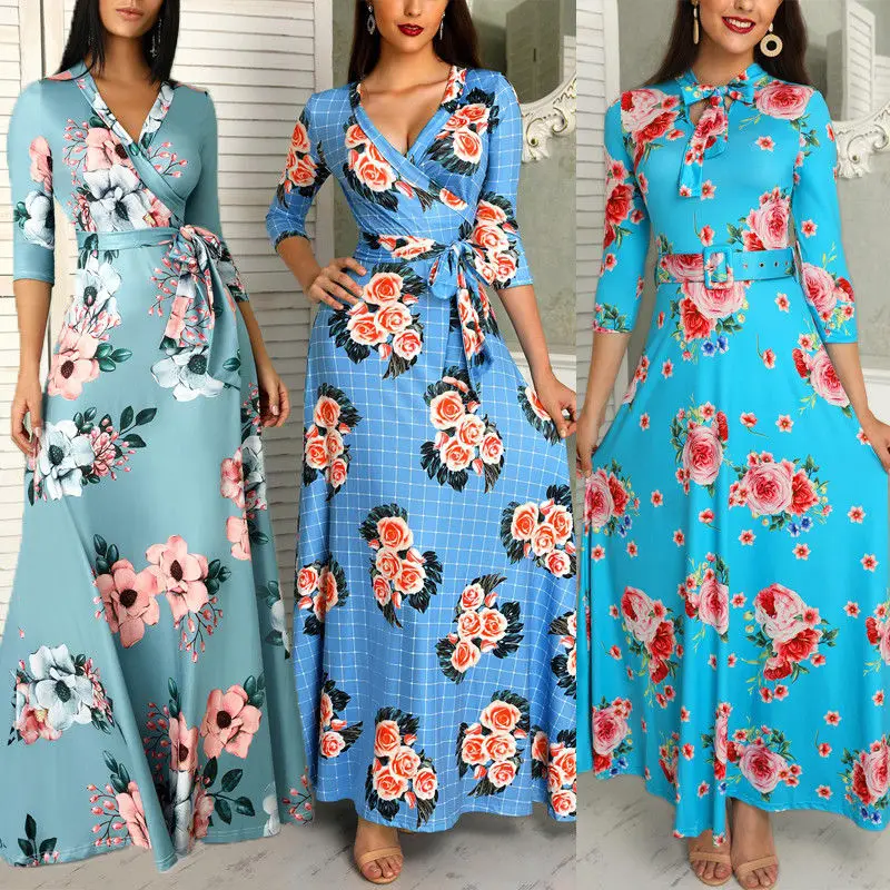 

Брендовое модное новейшее женское цветочное длинное платье макси с длинным рукавом для вечеринки, Клубная одежда, Летний Пляжный сарафан с ...