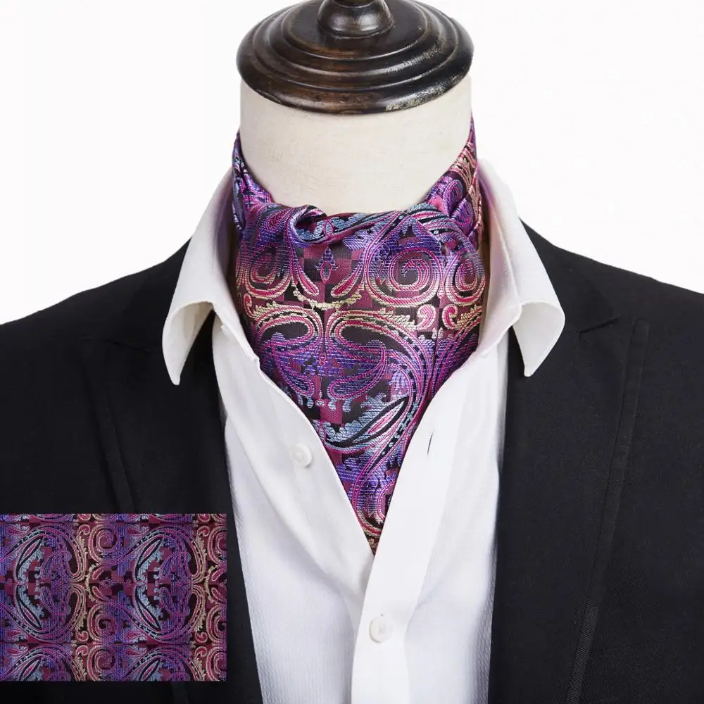 

Wedding Polyester Purple Paisley Cravat Hanky Sets Ascot Scrunch Self British style Polyester Necktie Pocket Square