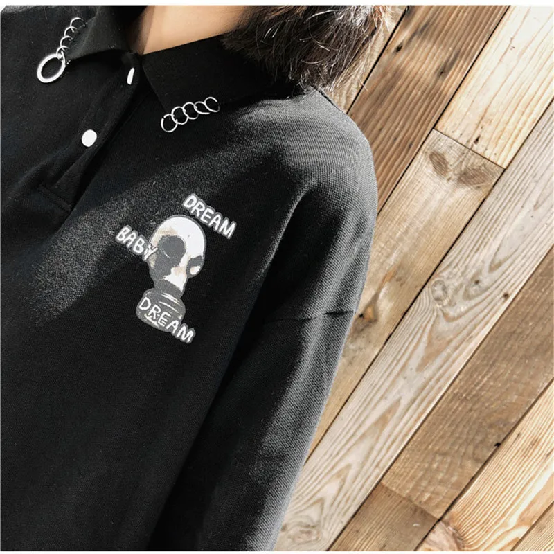 

Harajuku Long T-Shirt Women Long Sleeve Loose Shirt Chic Rings Decoration Collar Punk Tops Tee Black