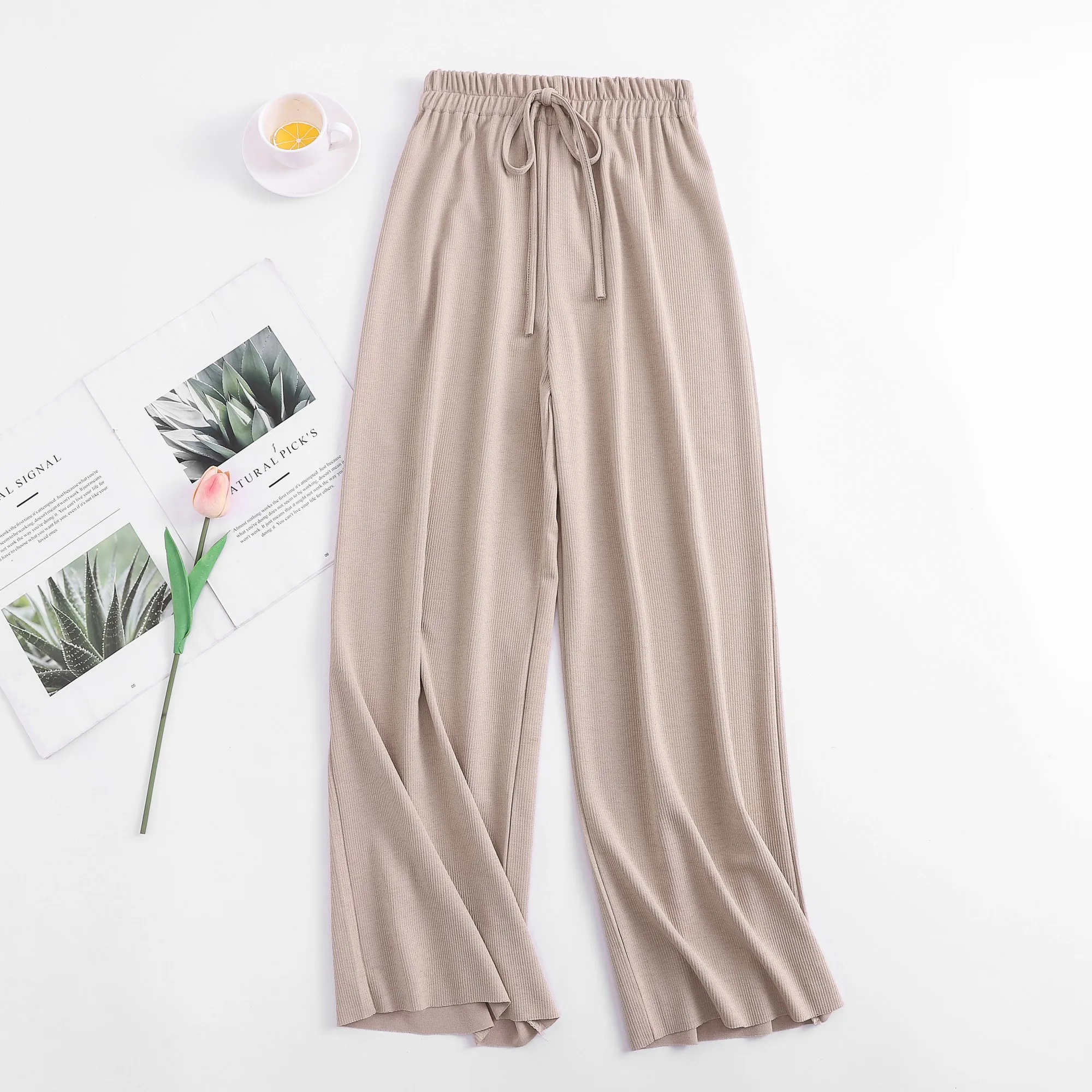 Womem wide leg pants fashion female vintage elegant elastic waist thin meryl knitted pant casual trousers 2019 summer autumn | Женская
