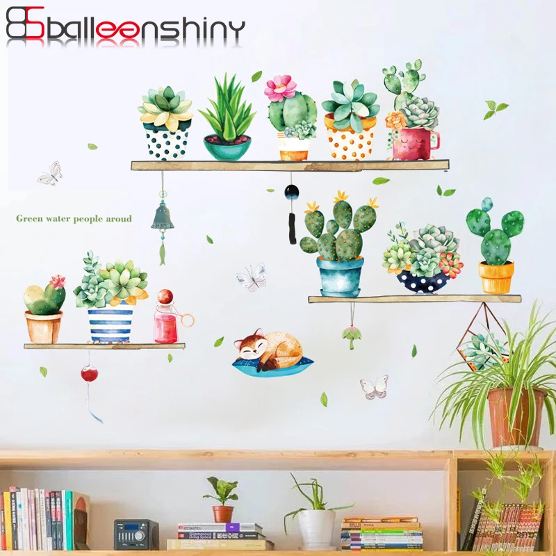 

BalleenShiny Green Cactus Pot Plants Plane Wall Sticker Concise Pastoral Style Bedroom Living Room Mural Decals Home Decoration