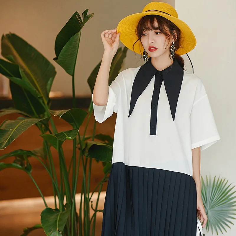 2019 Summer New Contrast Color Patchwork Pleated Hem Dress For Women Fashion Half Sleeve Turn Down Collar Cloth W475 |