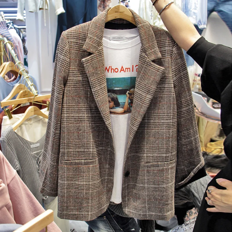 S - XL Coffee Plaid Blazer Jackets Women Office Lady Suit Coat Female Notched Formal Slim Long Sleeve Outerwear Feminino | Женская