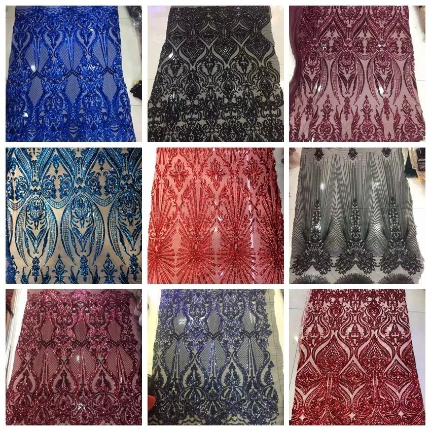 

2019 High Quality Sequence French Nigerian Sequins Net Lace African Tulle Mesh Sequence Lace Fabric For Party Dress 5yards/lot