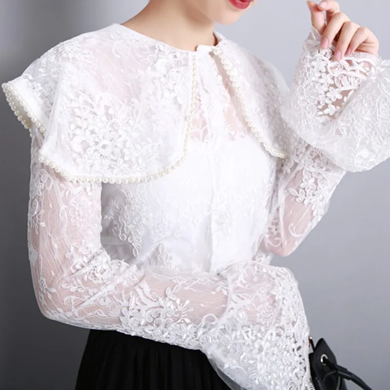 TWOTWINSTYLE Lace Shirts Tops Female Flare Long Sleeve Perspective Beading Blouse For Women Elegant Fashion Korean 2019 Autumn |