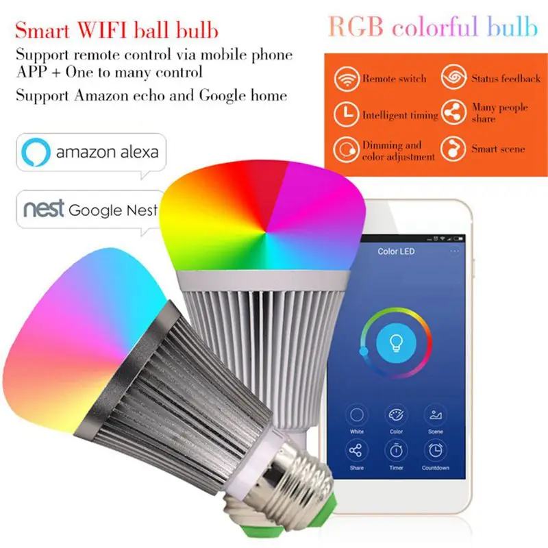 Умная Светодиодная лампа WiFi Беспроводная цветная RGB + W с регулируемой яркостью в