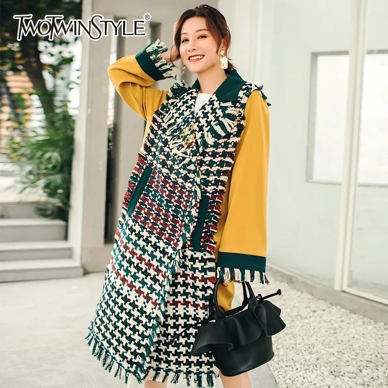 TWOTWINSTYLE хит цвета шерстяное пальто женский с длинным рукавом лоскутное кисточкой
