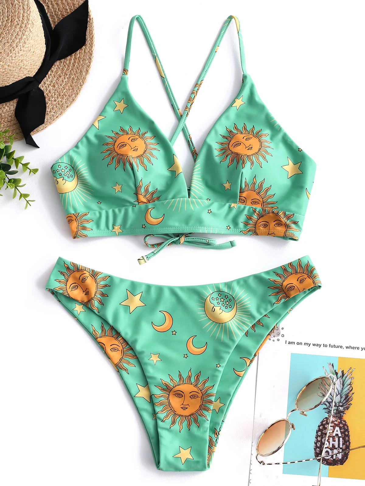 Женский купальник ZAFUL на тонких бретельках со шнуровкой Sun Moon | Женская одежда
