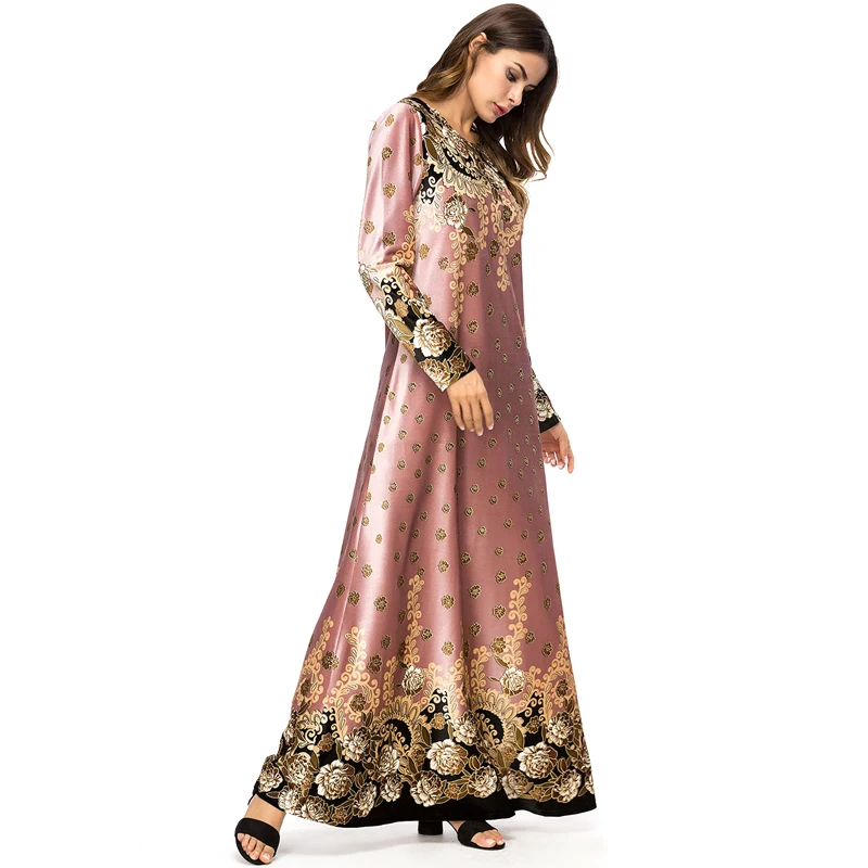 Women Autumn Winter Fashion Long Robe O-Neck Sleeve Print Flowers Dress Dubai Turkish Islamic Clothing | Женская одежда