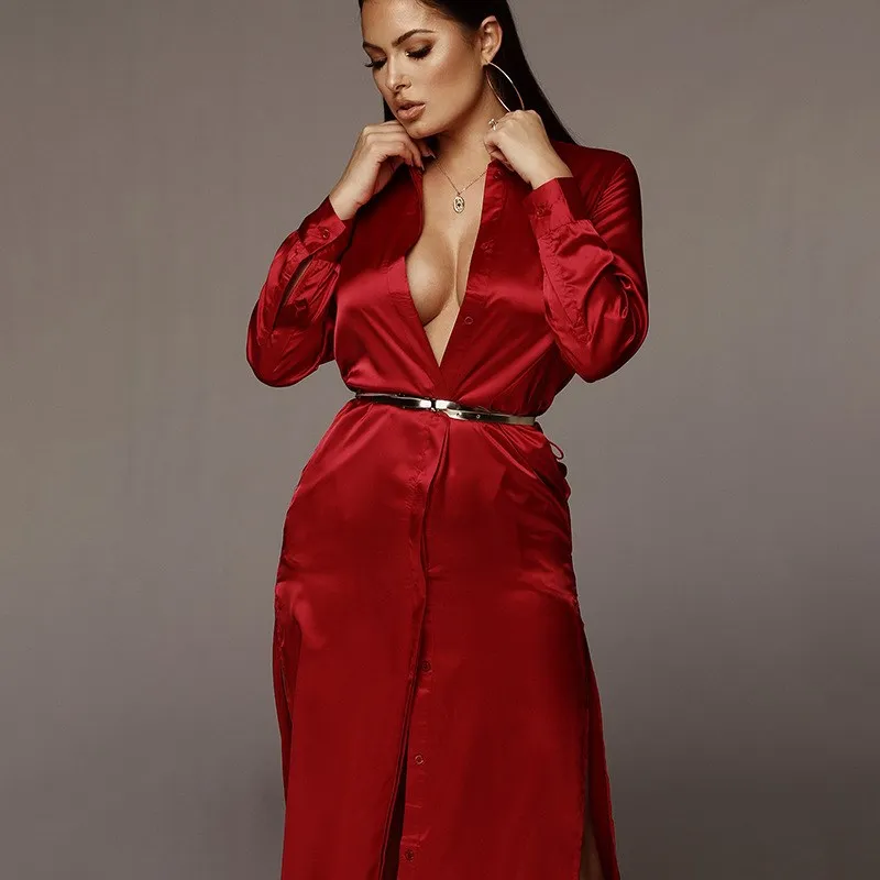 Летнее сексуальное сатиновое длинное платье с разрезом и v образным вырезом