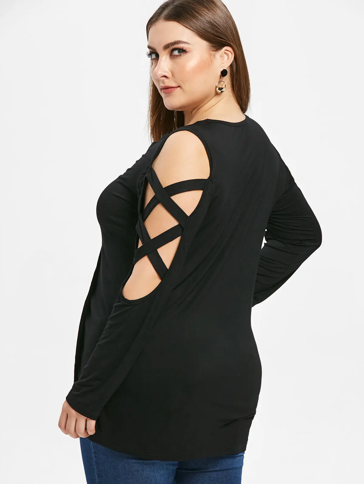 Wipalo Women Plus Size Open Shoulder Buttons Criss Cross T-Shirt Plunging Neck Long Sleeves Casual Solid Tee Ladies Tops 5XL | Женская