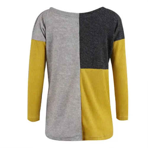 Ladies Long Sleeve Soft Knit Sweater Top Women Autumn Round Neck Knitted Ribbed Jumper Patchwork Sweaters | Женская одежда