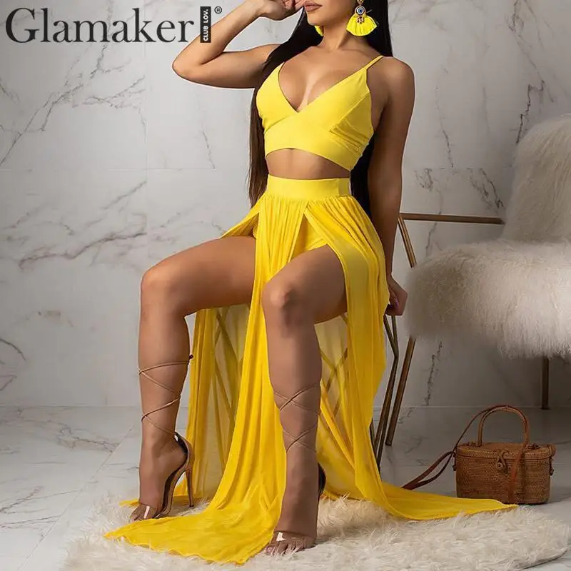 Glamaker сексуальный шифоновый укороченный топ костюм из двух предметов длинное