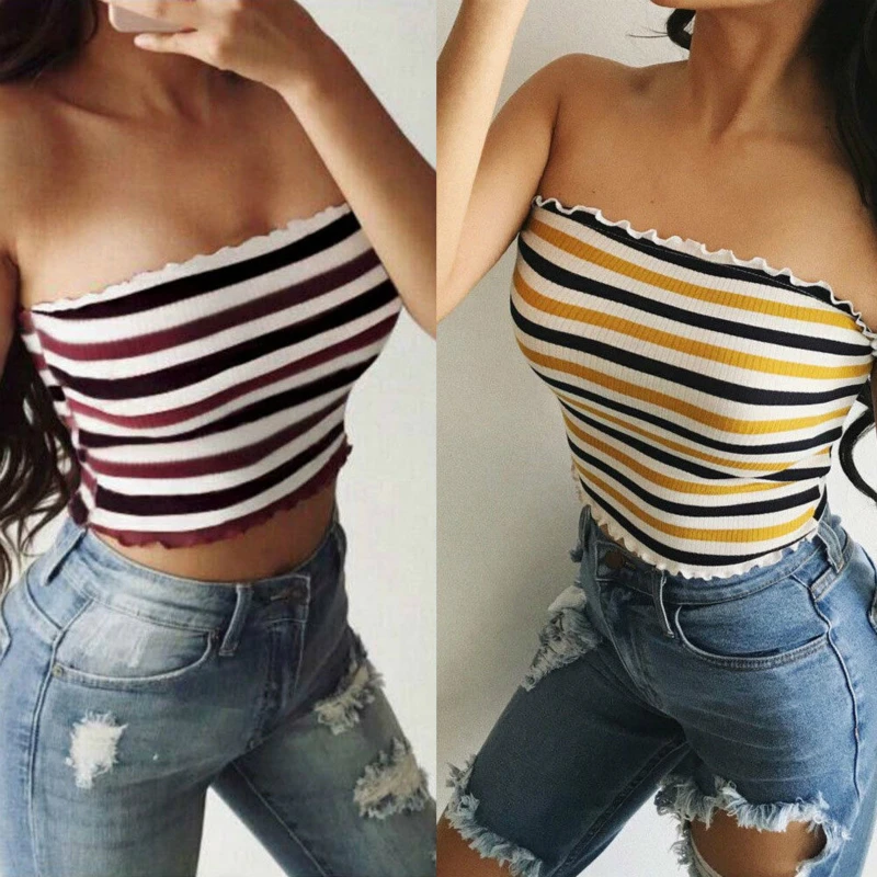 S XL укороченный топ с открытыми плечами полосатые эластичные Топы без бретелей