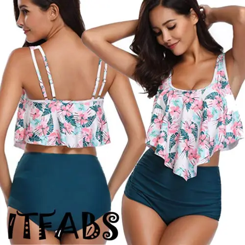 Сексуальный женский купальник с цветочным принтом 2 шт. оборками топы высокой