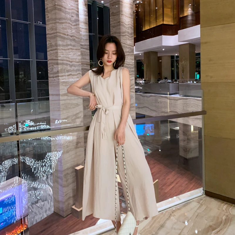 Брюки из хлопка и льна размера плюс без рукавов с v-образным вырезом широкие брюки