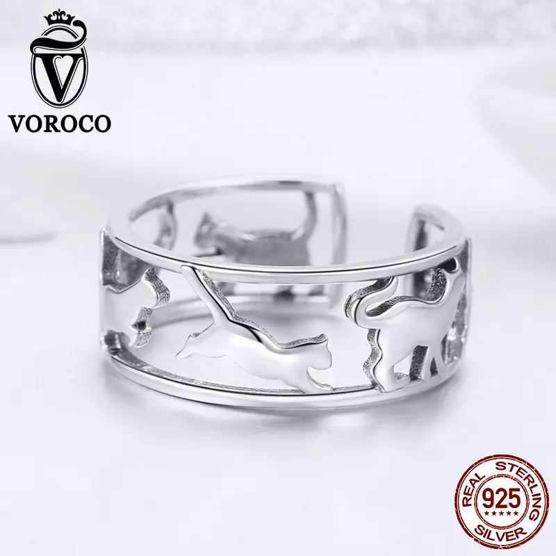 Женское кольцо с кошечкой VOROCO регулируемое и из 925 пробы серебра милые