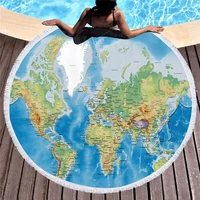 world map printed circle round beach towel for adults women with tassel summer soft bath towel printed microfiber 150cm yoga mat