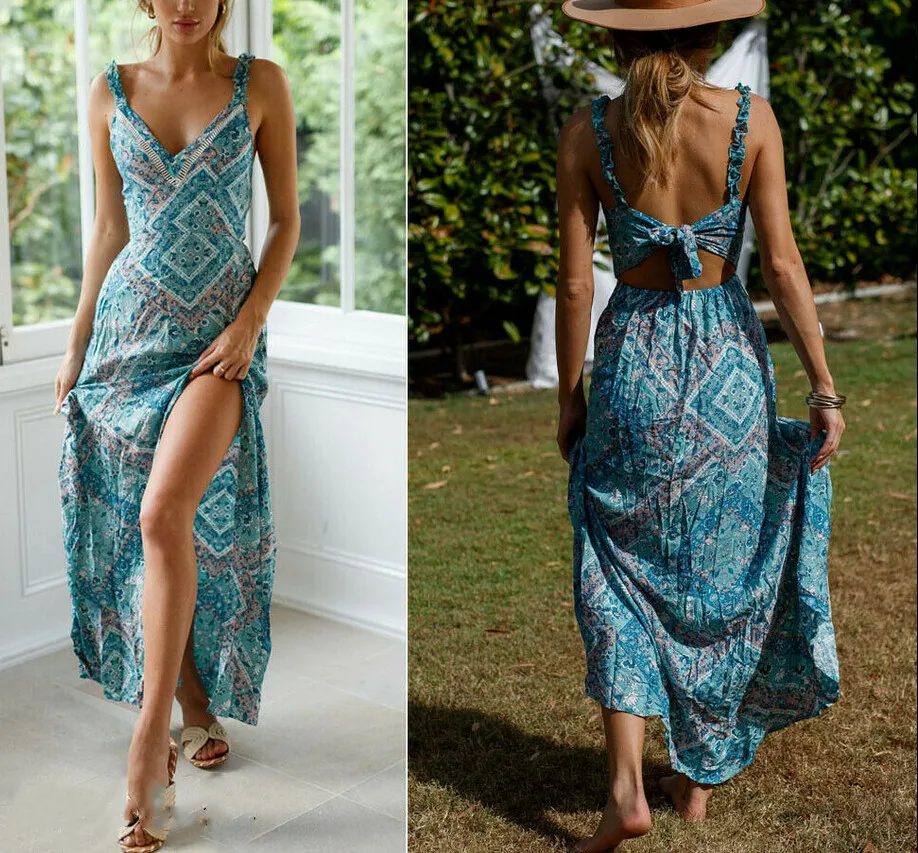 2019 для женщин Boho Бандажное платье длинное с v образным вырезом сексуальные майки