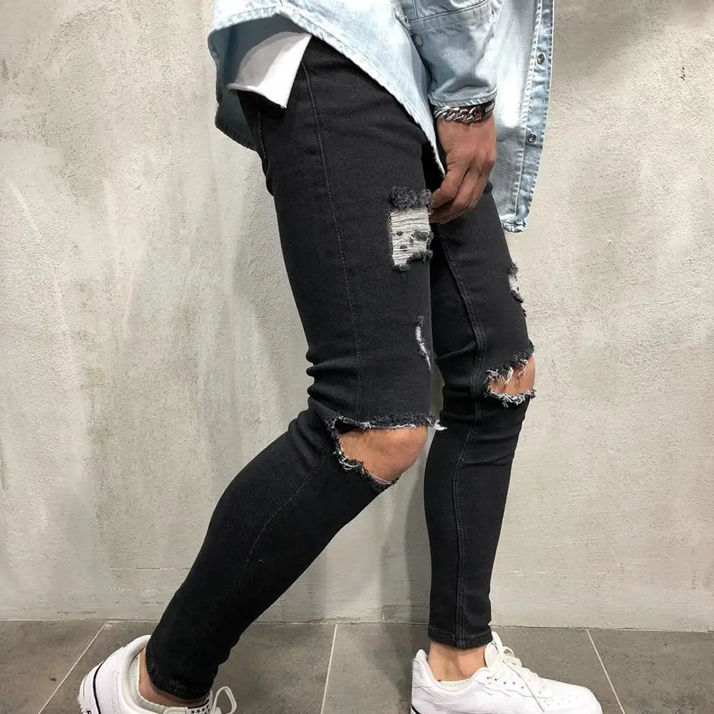

MISSKY Men Jeans Retro Stretch Destroyed Ripped Design Pencil Pants Frayed Slim Fit Denim Pants Break Hole Jeans
