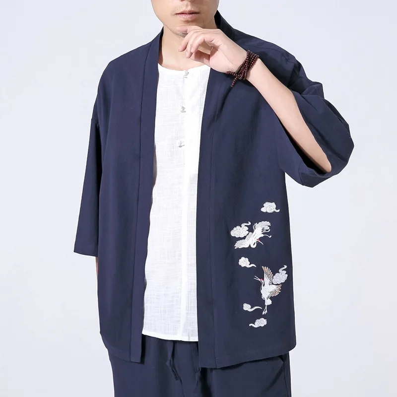 

#4207 Summer Vintage Thin Linen Cardigan Jacket Men Plus Size Windbreaker Mens Kimono Coat With Embroidery Plus Size 4XL 5XL
