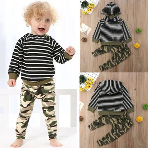 Комплекты детской одежды из 2 предметов для маленьких мальчиков свитер в полоску с капюшоном топы штаны