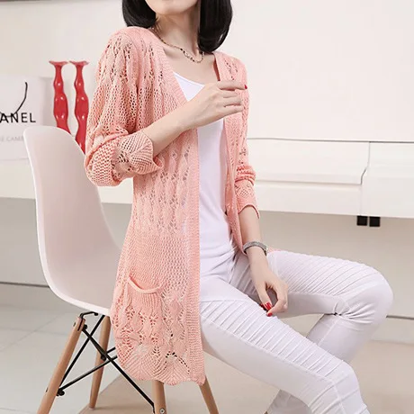 2019 Spring New Women Long Sleeve Knitting Cardigans Sweater Jacket Fashion Floral Hollow Out Candy Colors Pockets Sweaters |