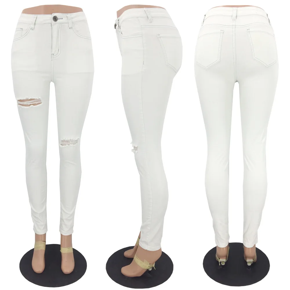 

Jeans of Women Fashion Sexy High Waisted Skinny Hole Jeans Women White Stretch Slim Pants Ankle Length Pencil Pants Plus Size