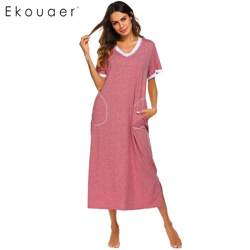 Ekouaer длинная ночная рубашка женская ультра-мягкая полная длина пижамы с карманом