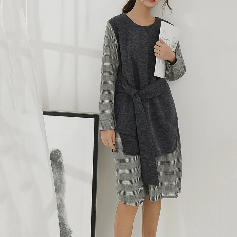 CHICEVER Plaid Patchwork Dresses For Women O Neck Long Sleeve Loose Bandage Women's Dress 2019 Korean Spring Fashion Clothes New | Женская