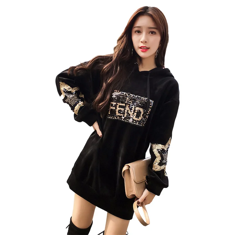2018 winter hooded sweatershirt women plus velvet thick sequin embroidery loose long-sleeved tops female | Женская одежда