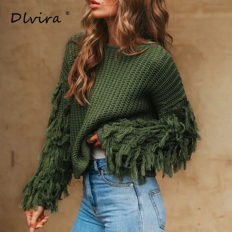 Green femme pullover loose neck female sweater autumn women 2018 winter pull Tassel jumper knitted Casual army O | Женская одежда