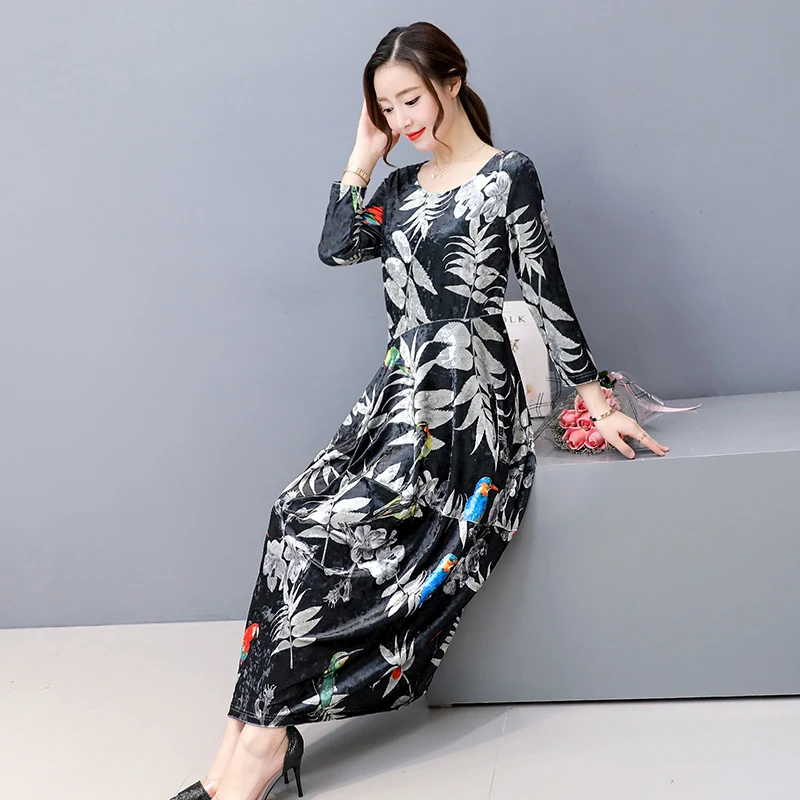 Women High Quality Round Collar Long Sleeve Print Floral 2019 Autumn Dress Casual Retro Vestidos Female | Женская одежда