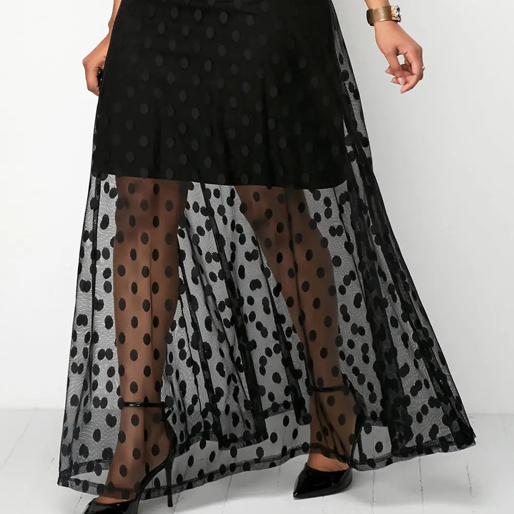 Elegant Plus Size Long Sleeve Dot Broad Collar Boho Women Party Bodycon Maxi Dress Black Lace Mesh Patch with Lining | Женская одежда